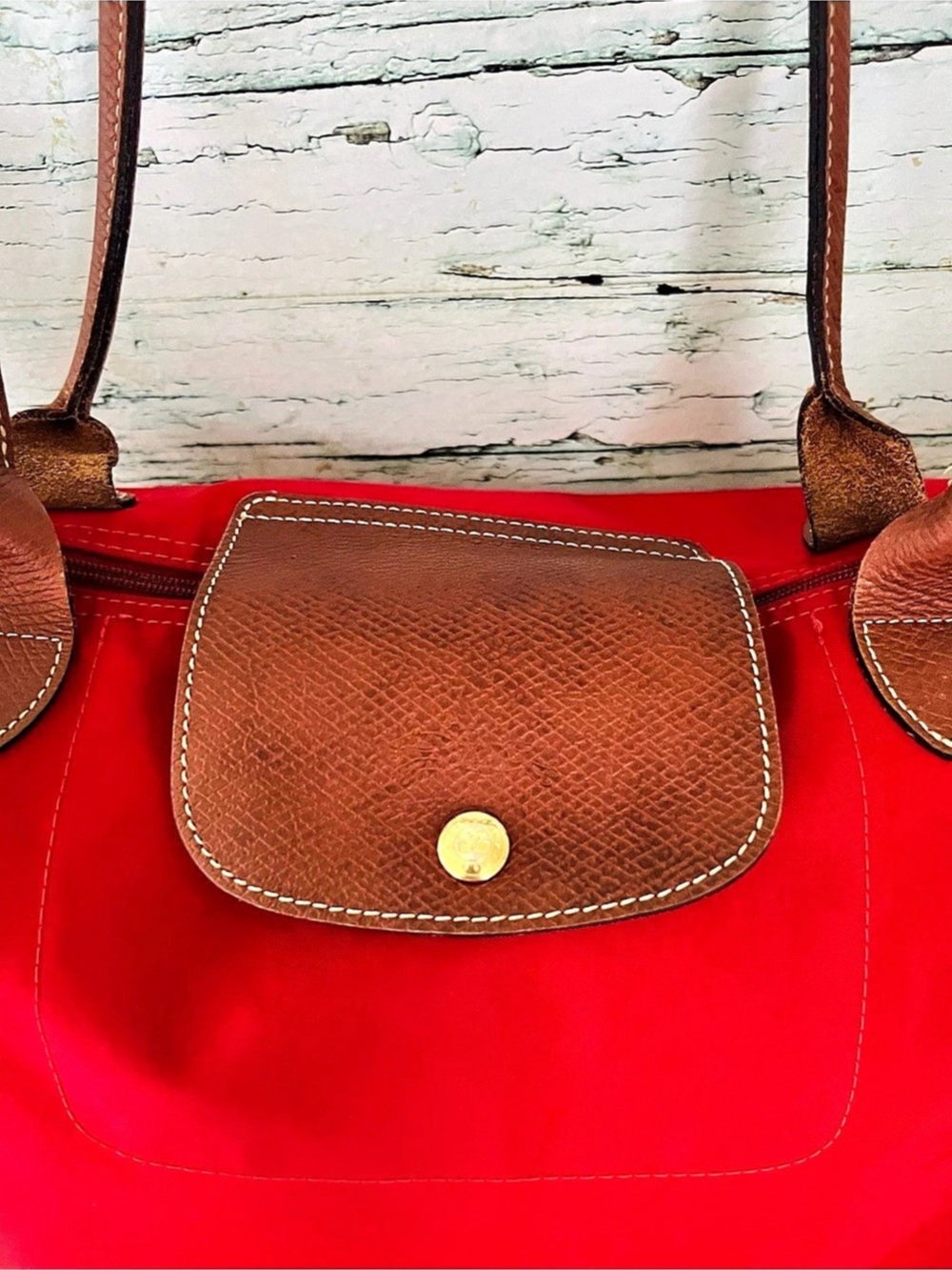 Longchamp Red Tote Bag – Brown Leather Trim – Spacious Everyday Bag - Picture 5 of 16